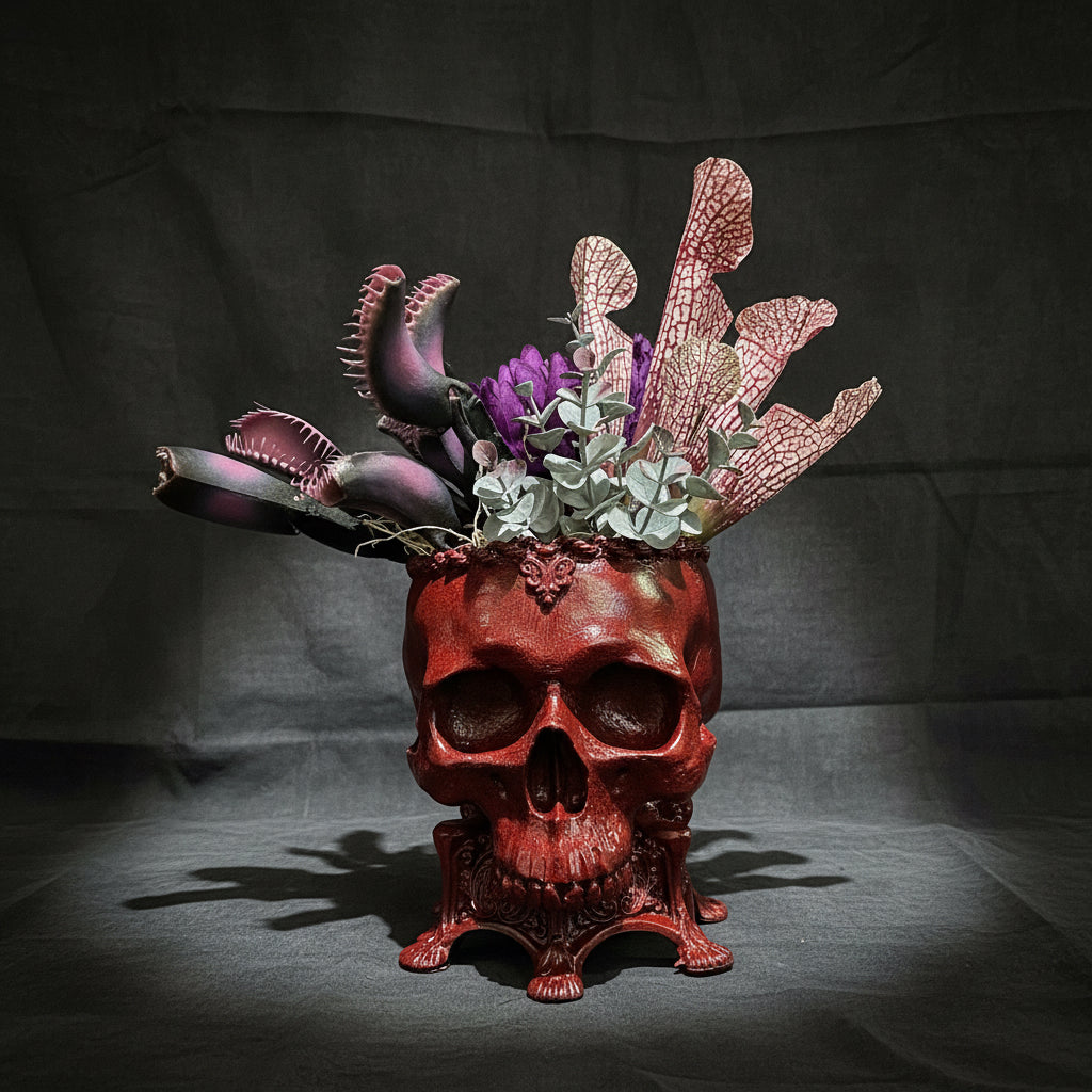 Human Skull Planter Blood Red Finish