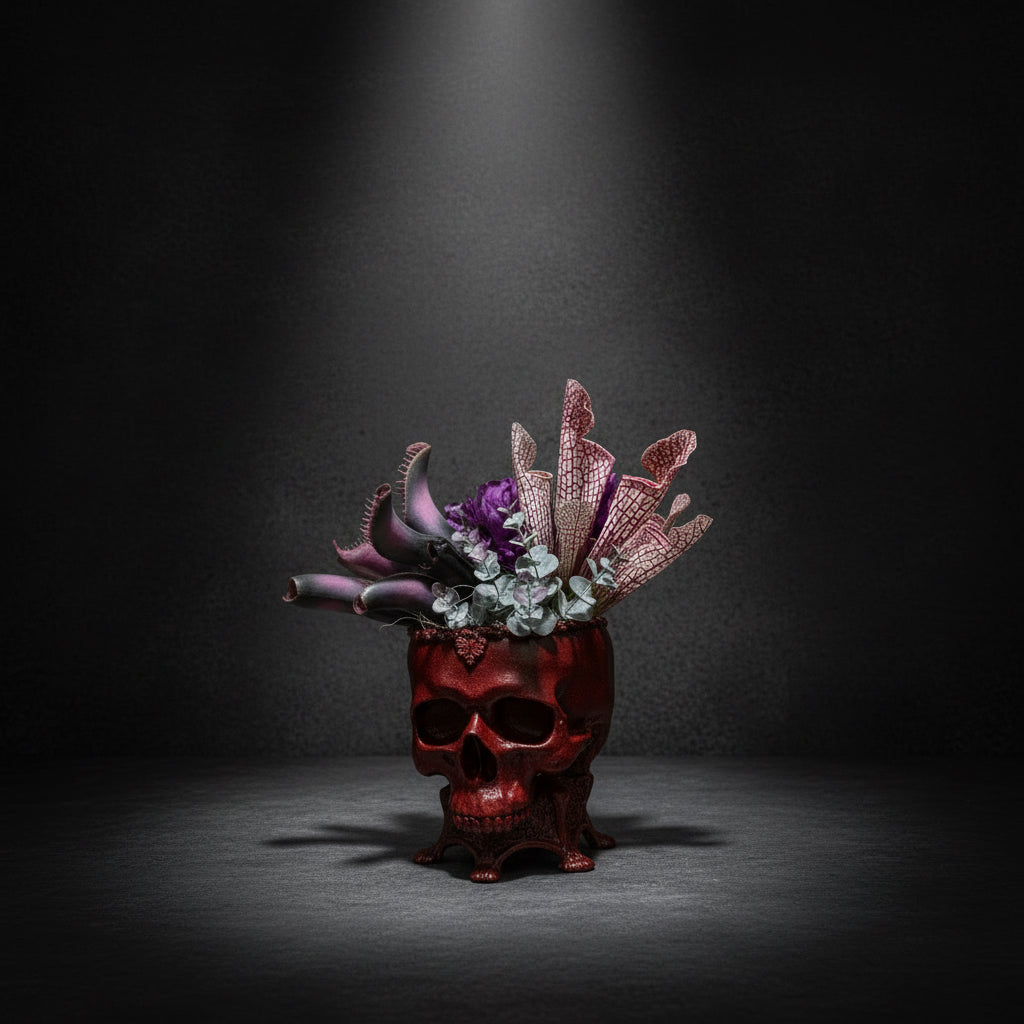 Human Skull Planter Blood Red Finish