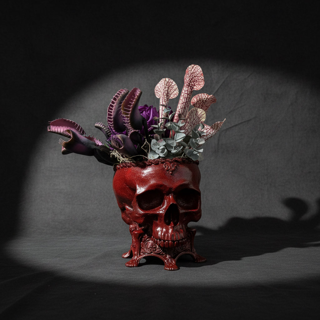 Human Skull Planter Blood Red Finish
