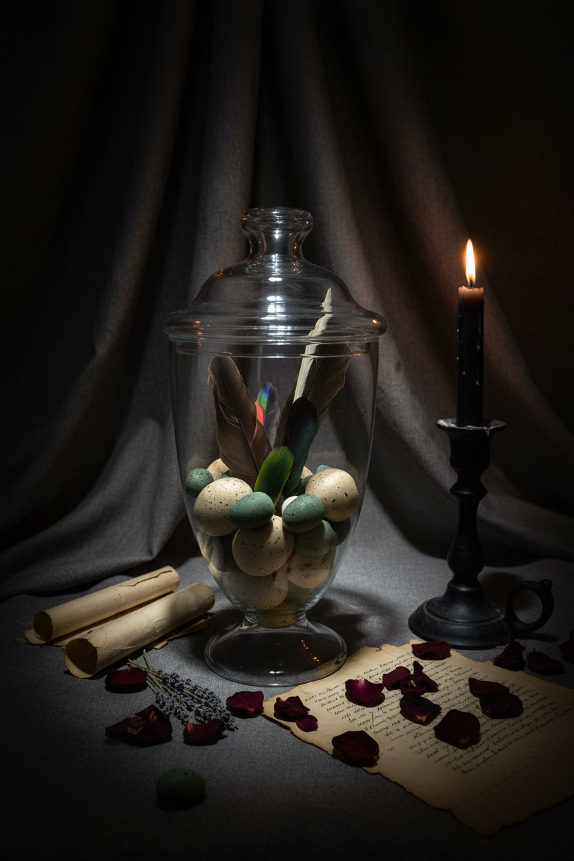 Large Lidded Apothecary with Eggs and Feathers